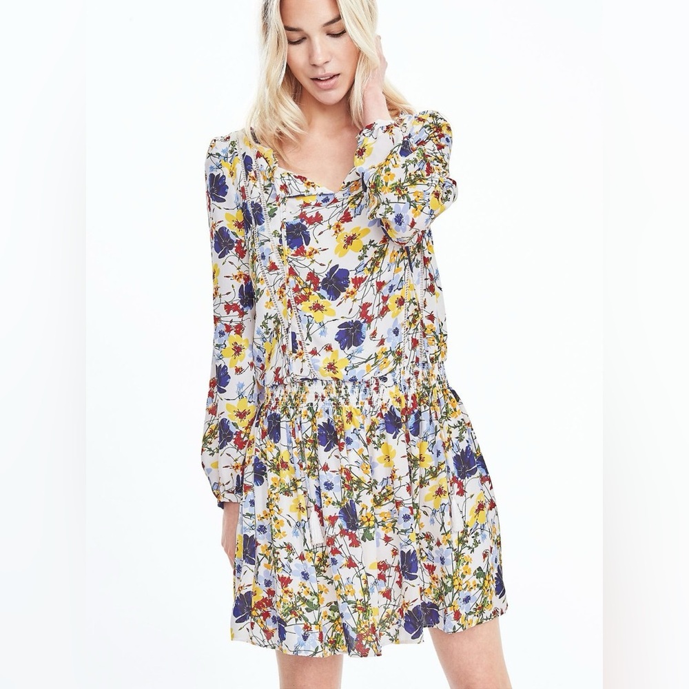Boho Floral Mini Dress Long Sleeve Smocked Waist Cottagecore Spring M Romantic